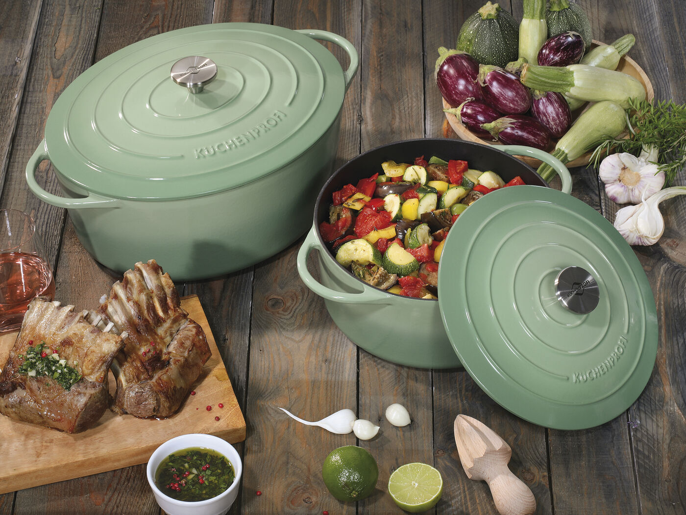 Provence jade Dutch oven with roasted lamb and vegetables