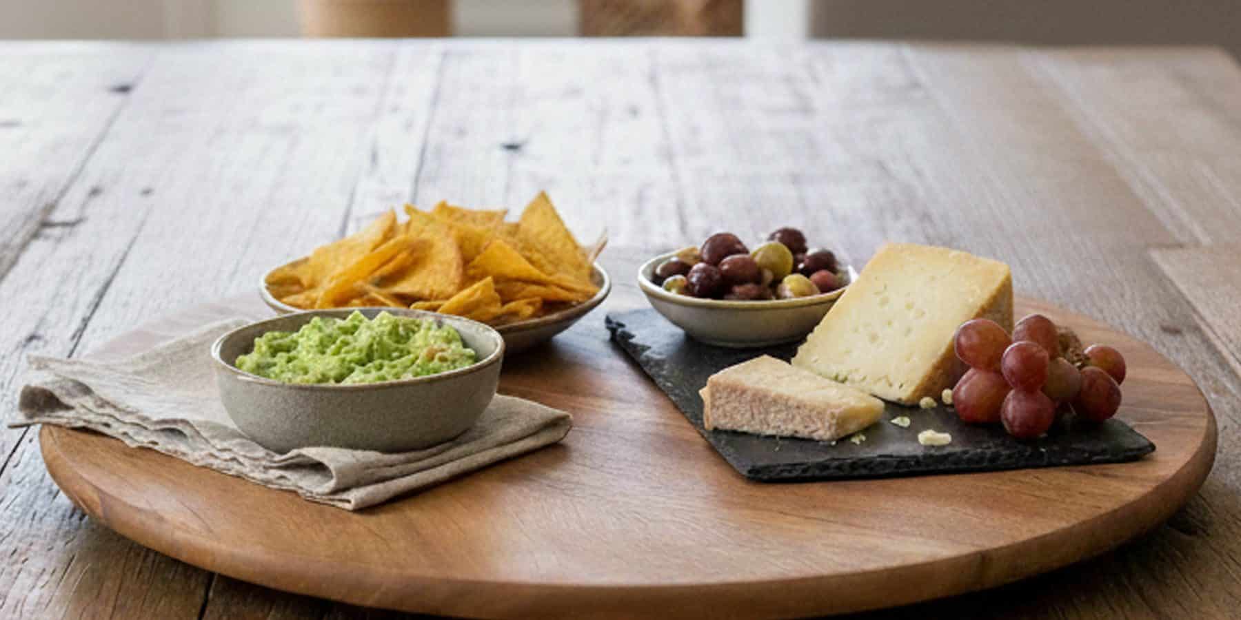 An acacia lazy susan set with dips, chips and a cheese board