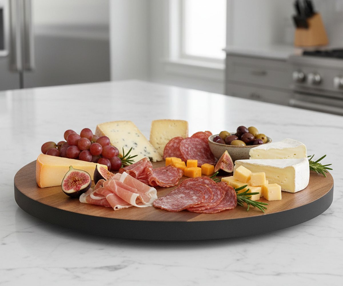 A charcuterie spread laid out on an acacia lazy susan