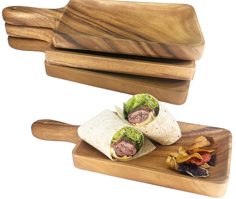 Stacked acacia paddle boards with charcuterie
