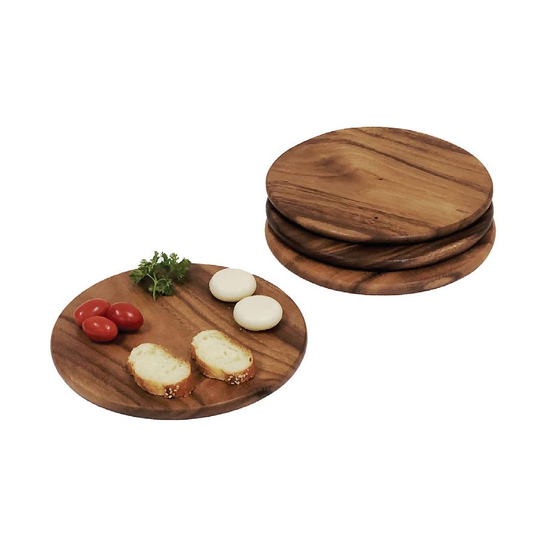 Commercial flat round acacia plate, 9 inch